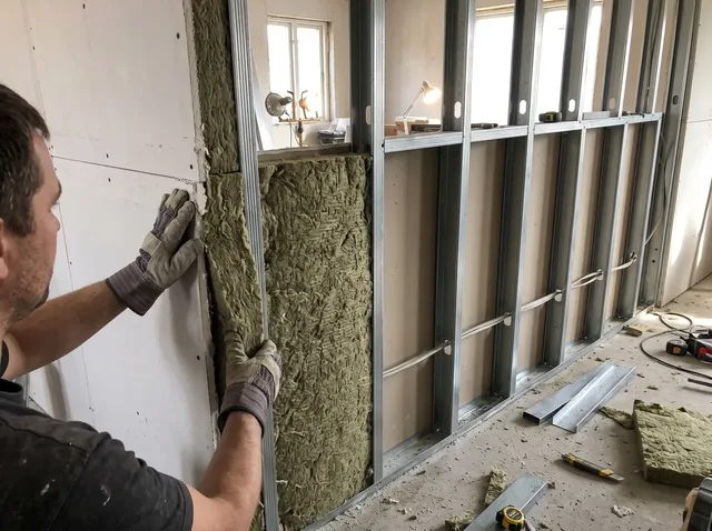 Instalação de lã mineral entre os perfis de uma parede de drywall