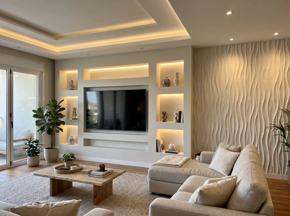 Painel de TV com nichos iluminados e revestimento decorativo em relevo