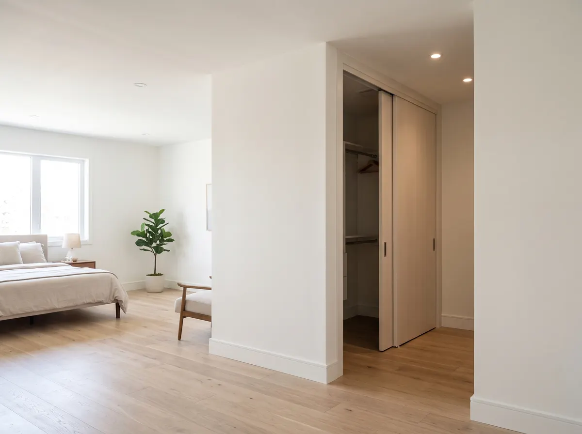 Quarto com divisória e closet com portas de correr